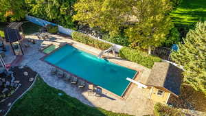 View of swimming pool featuring a patio area, a fenced backyard, a water slide, and a diving board