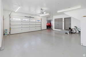 Garage with freestanding refrigerator