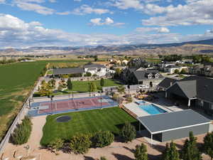 Aerial view of mountains and a pool