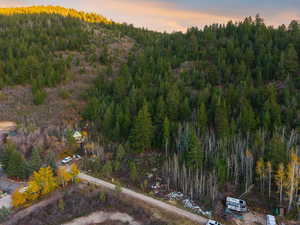 Aerial view at dusk of a wooded view