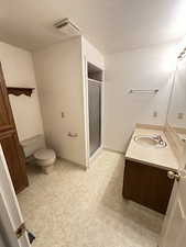 3.4 Bath in the Primary Bedroom with vanity, a textured ceiling, and a stall shower