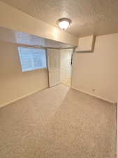 Basemen Bedroom/Den  with a textured ceiling and carpet flooring