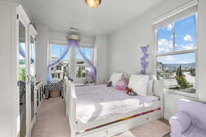 Bedroom featuring light colored carpet and multiple windows