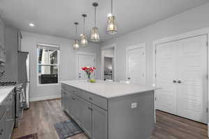 Kitchen featuring gray cabinets, stainless steel appliances, light wood-style floors, decorative light fixtures, and recessed lighting