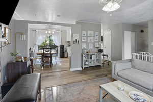 Living room with ceiling fan, a textured ceiling, and wood finished floors