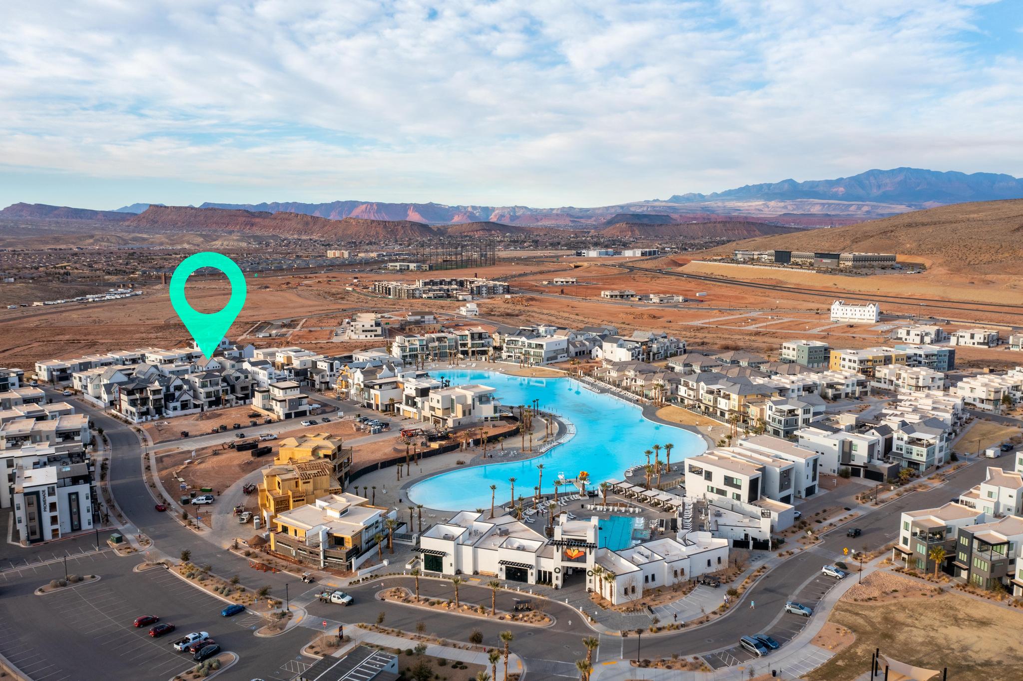 Aerial view of property's location with mountains