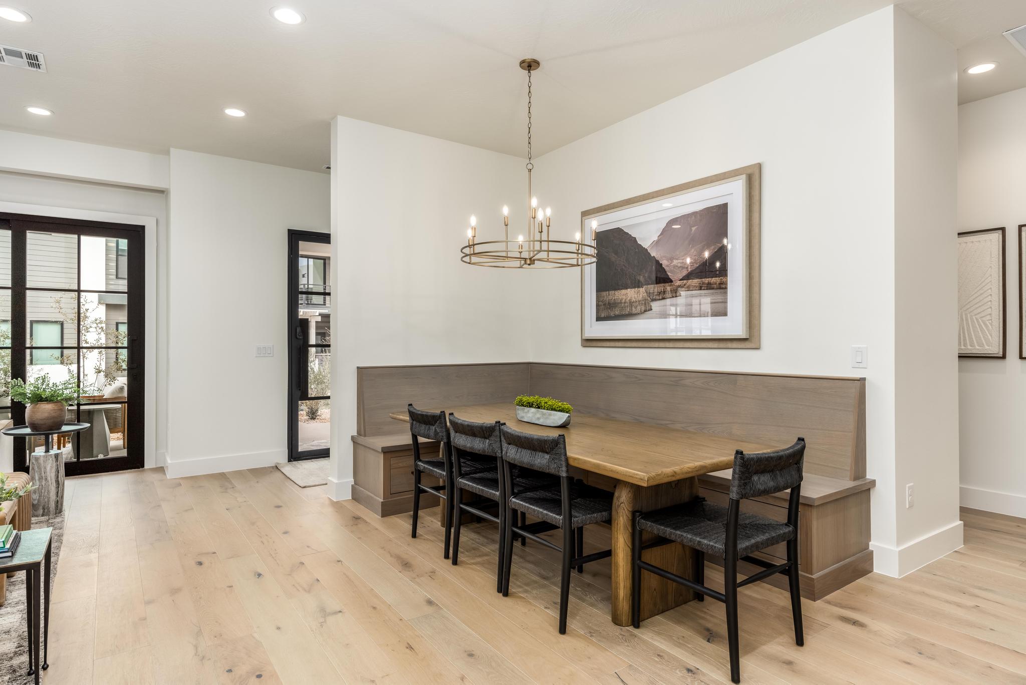 Dining area featuring recessed lighting, light wood-style floors, a chandelier, and breakfast area