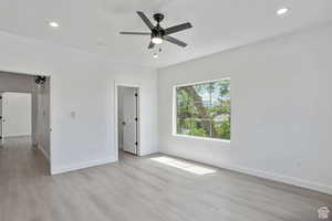 Unfurnished bedroom featuring recessed lighting, light wood-type flooring, and ceiling fan