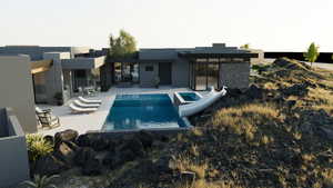 Swimming pool featuring a water slide and a patio area