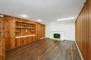 Daylight basement with fireplace, and various built-ins.