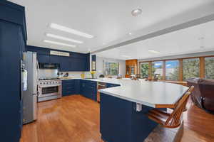 True chef's kitchen with 'European blue' cabinets, commercial gas stove, wrap-around island with seating, and stainless steel appliances.