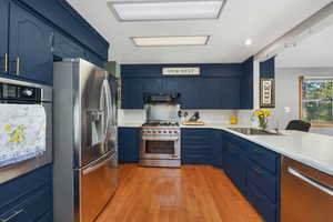 Chef's kitchen with 'European blue' cabinets, commercial gas stove, stainless steel appliances, hardwood floors, and recessed lighting.