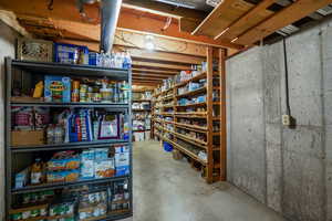 View of large and extended basement storage room.