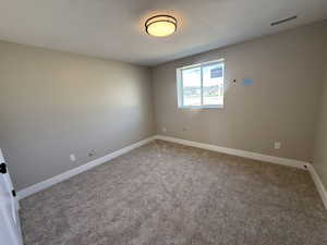 Spare room featuring light colored carpet and a textured ceiling