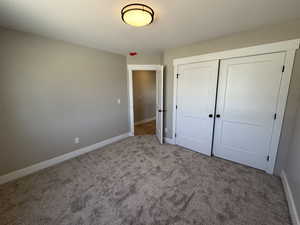 Unfurnished bedroom featuring carpet floors, a textured ceiling, and a closet