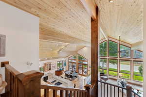 Living room featuring a wood ceiling with exposed beams, high vaulted ceiling, recessed lighting, and wood finished floors