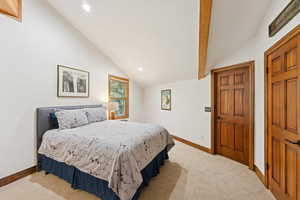 Bedroom featuring recessed lighting and light colored carpet