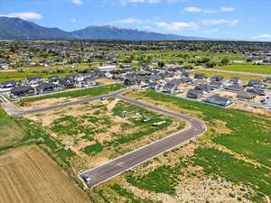 Aerial perspective of suburban area with a mountainous background