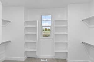Spacious closet featuring light colored carpet
