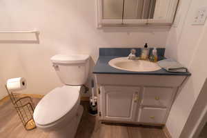 Bathroom with a textured wall, light wood-type flooring, and vanity