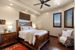Bedroom featuring dark wood-style floors, recessed lighting, and ceiling fan