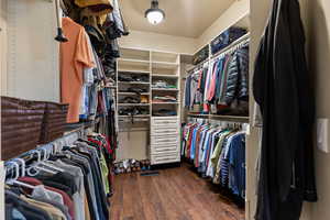 Spacious closet featuring dark wood-style floors