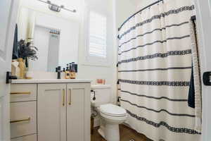 Bathroom with vanity, dark wood-type flooring, and a shower with curtain