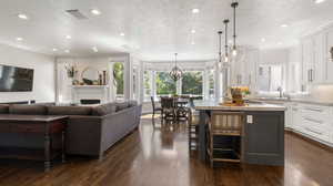 Living area with healthy amount of natural light, dark wood finished floors, a textured ceiling, a fireplace, and recessed lighting