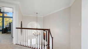 Stairway featuring ornamental molding, carpet floors, a chandelier, and ceiling fan