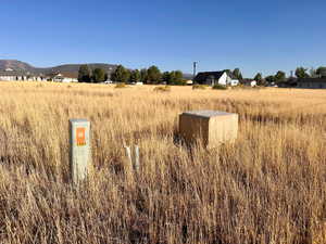 Exterior view of a pad mount transformer and a mountainous background