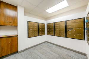 View of property's community featuring a paneled ceiling and mail area