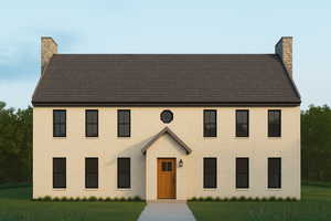 Colonial house featuring a chimney, a front lawn, and brick siding