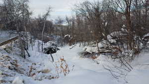 View of yard covered in snow