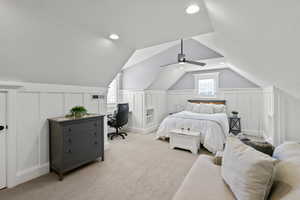 Bedroom with carpet flooring, a desk, recessed lighting, a ceiling fan, and a textured ceiling