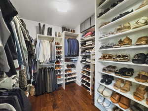 Walk in closet with dark wood-type flooring