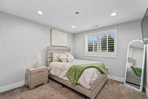 Carpeted bedroom featuring recessed lighting