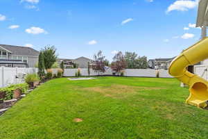 Fenced backyard with a residential view and a playground