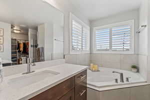 Bathroom with a spacious closet, vanity, healthy amount of natural light, and a bath