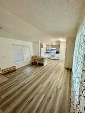Living room with light wood finished floors and a textured ceiling