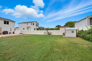 Fenced backyard with a shed