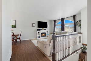Living area with dark wood-style flooring and carpet