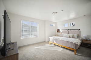 Carpeted bedroom with multiple windows