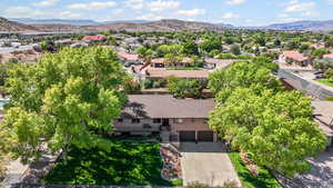 Aerial view of residential area with mountains