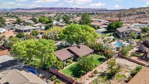 Aerial view of residential area with mountains