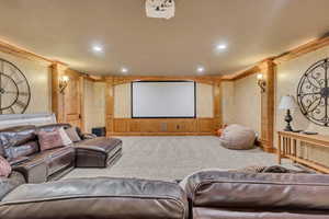Cinema room featuring carpet, ornamental molding, and recessed lighting
