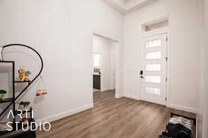 Foyer entrance with a high ceiling and light wood-type flooring
