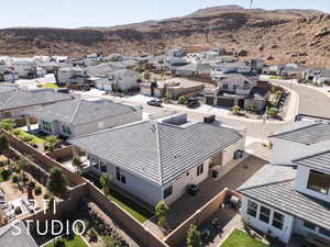 Aerial perspective of suburban area with mountains