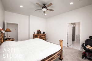 Bedroom with recessed lighting, light colored carpet, ceiling fan, and light marble finish floors