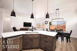 Kitchen featuring dark brown cabinets, stainless steel dishwasher, light wood-style floors, decorative light fixtures, and recessed lighting