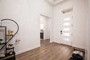 Foyer entrance featuring a towering ceiling and light wood-type flooring